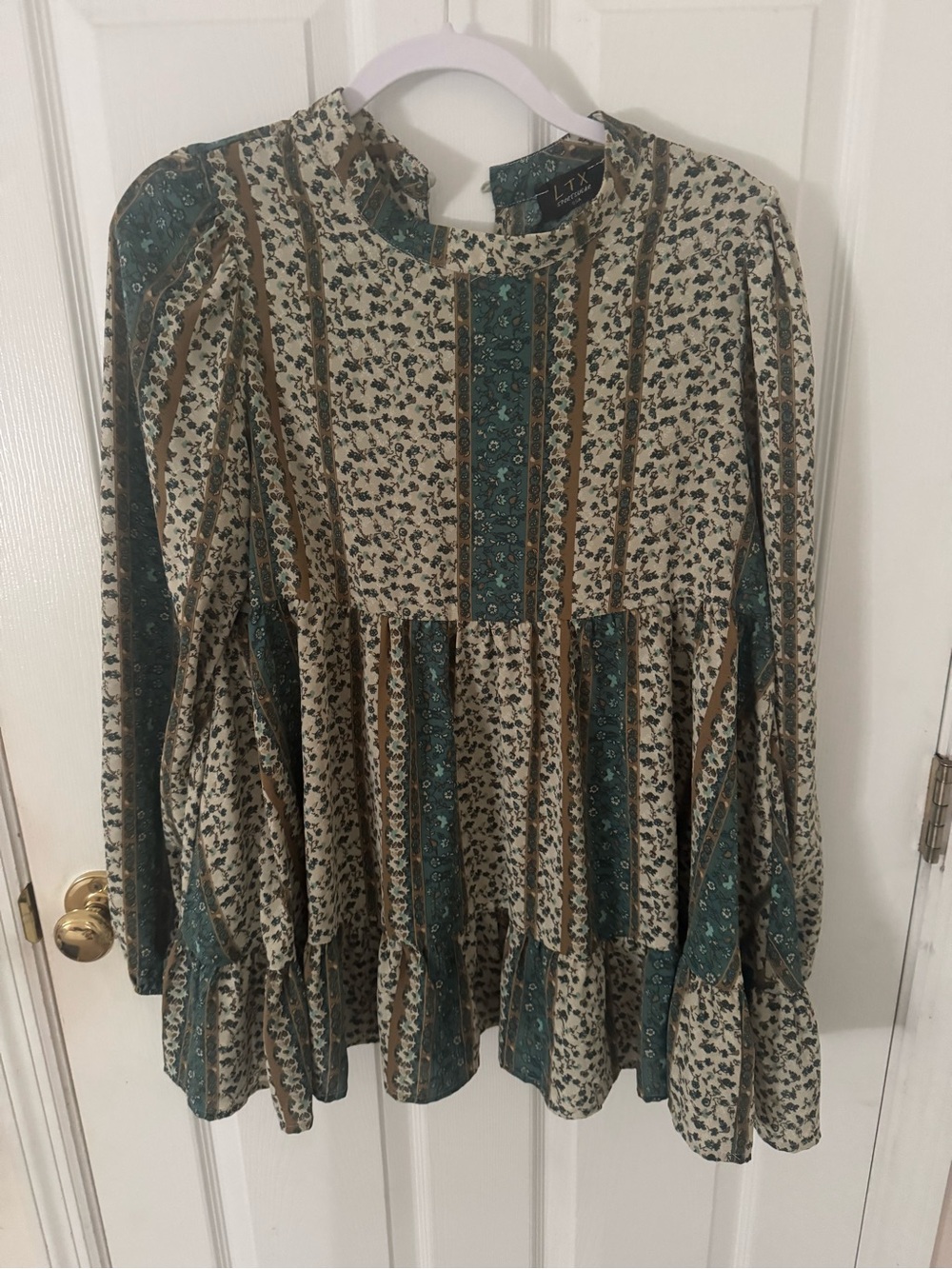 LTB Floral Peasant Blouse in Teal and Cream